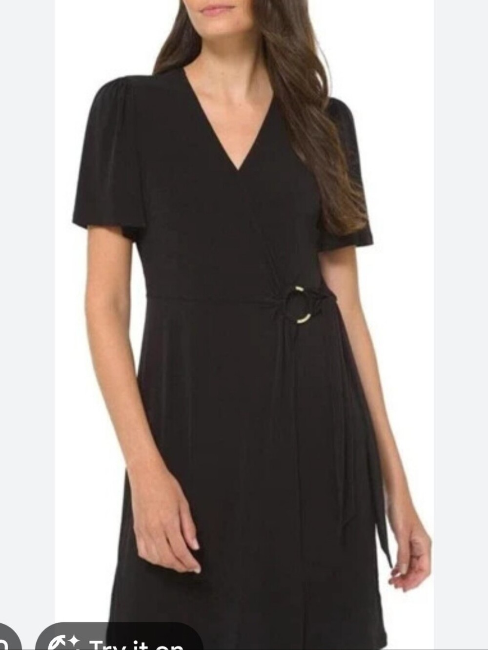 Michael Kors Black Midi Wrap Dress with Gold Ring